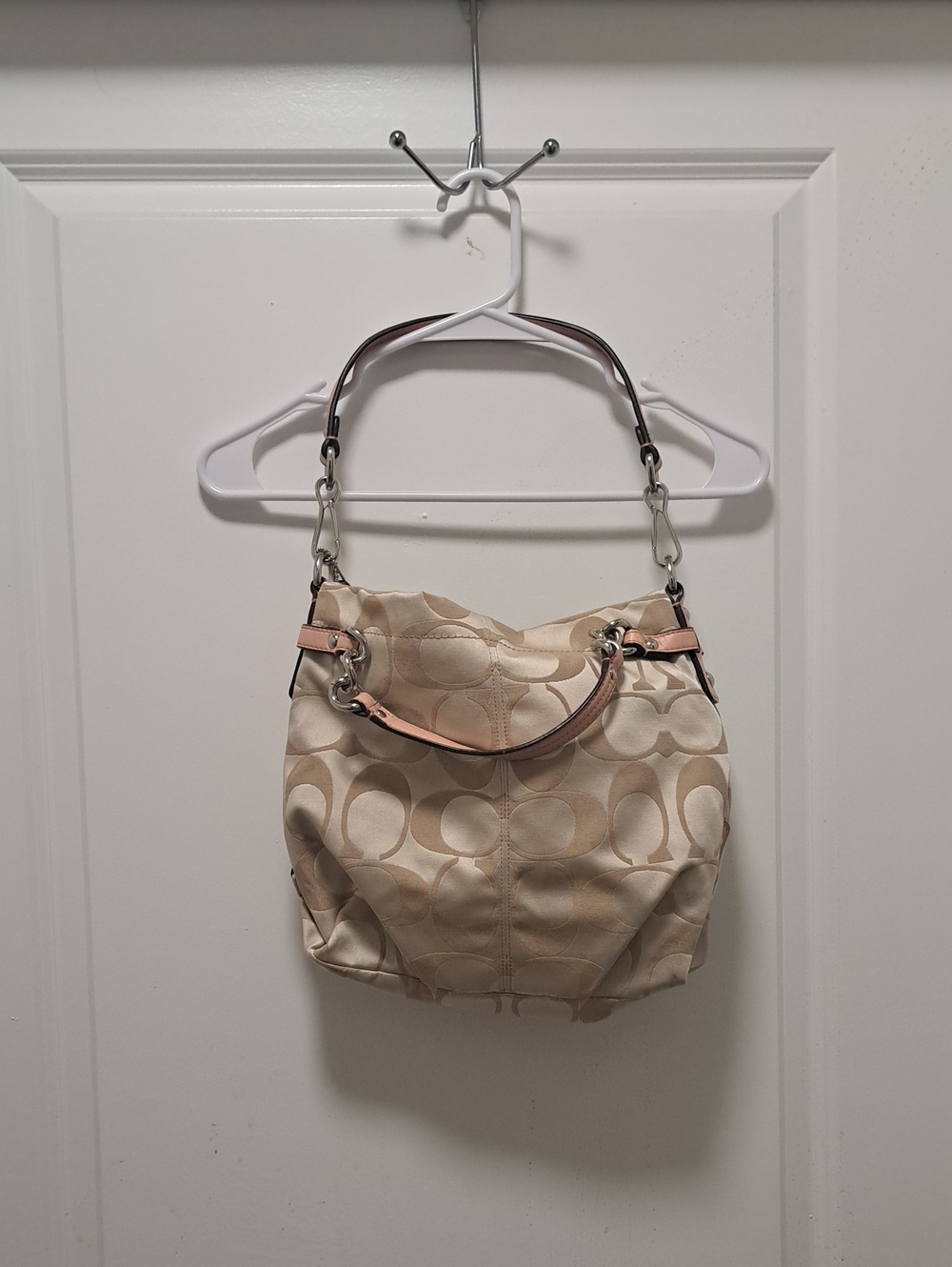 Coach Beige Signature  Sateen Canvas Shoulder Bag with Pink Trim